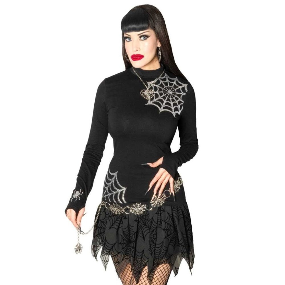 Spiderweb Silver Sparkle Long Sleeve Black Top Thumb Holes S-M-L-XL-2XL-3XL - Picture 3 of 4